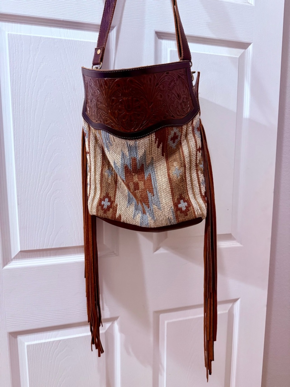 Boho Fringe Woven Shoulder Bag in Brown and Cream